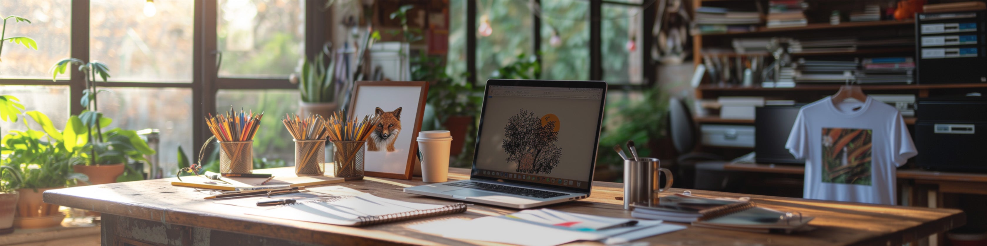 Cute & Clever studio with table, plants, laptop, art brushes, fox portrait, and a T-shirt featuring a nature-inspired design