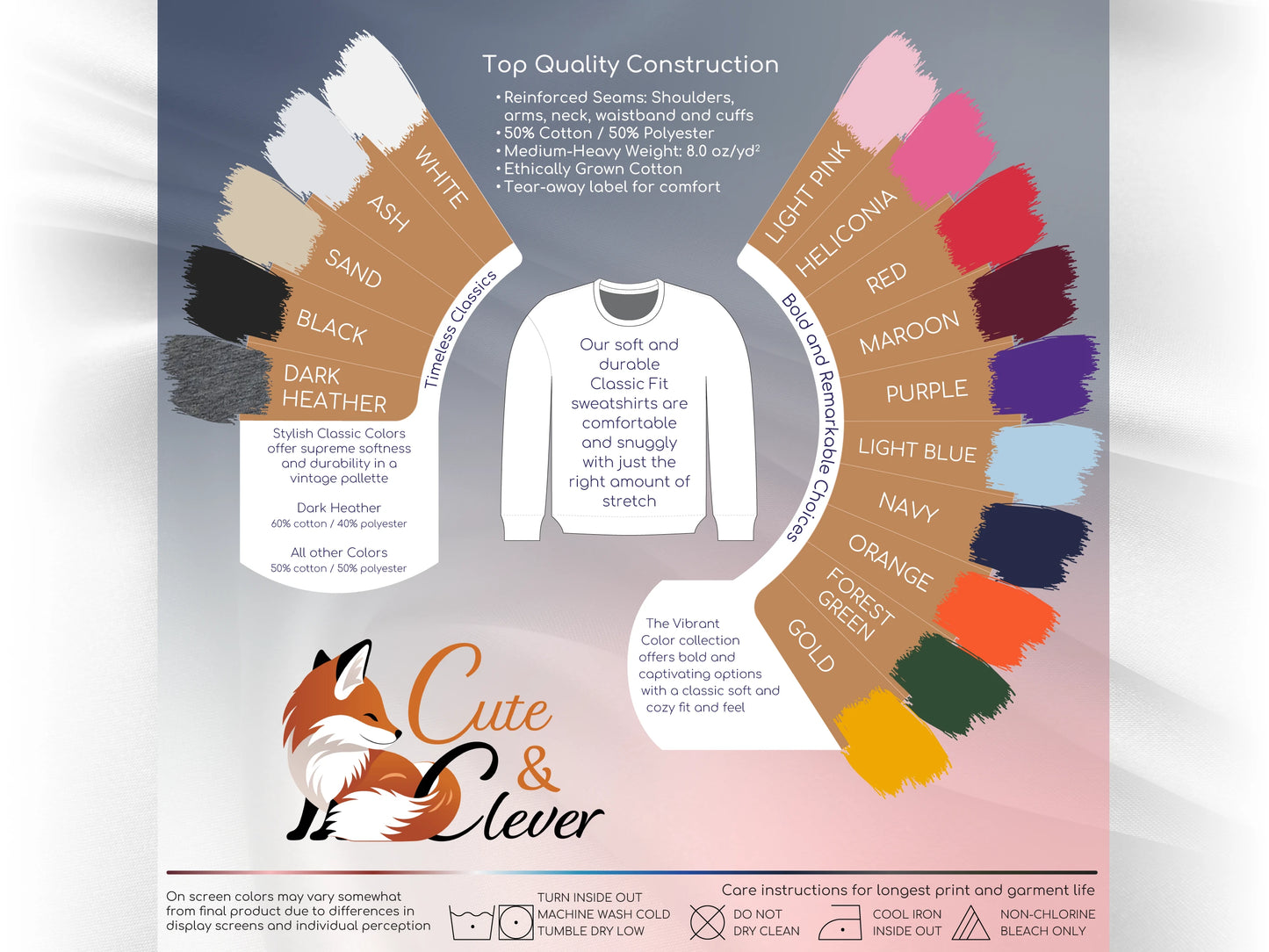 Cute & Clever sweatshirt fabric, construction, color and laundry care guide showing swatches for the 15 main color offerings