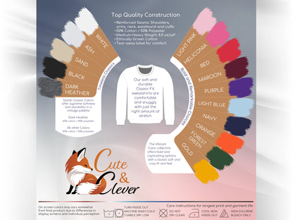 Cute & Clever sweatshirt fabric, construction, color and laundry care guide showing swatches for the 15 main color offerings
