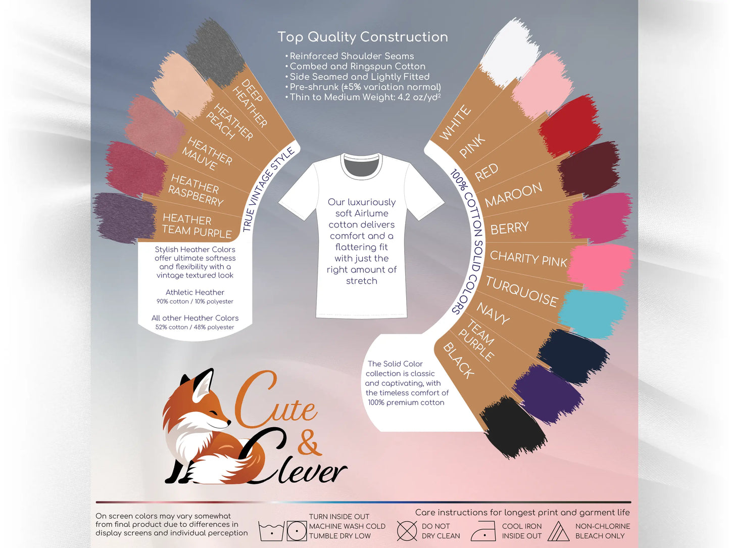 Cute & Clever T-Shirt fabric, construction, color and laundry care guide showing swatches for 15 feminine color offerings