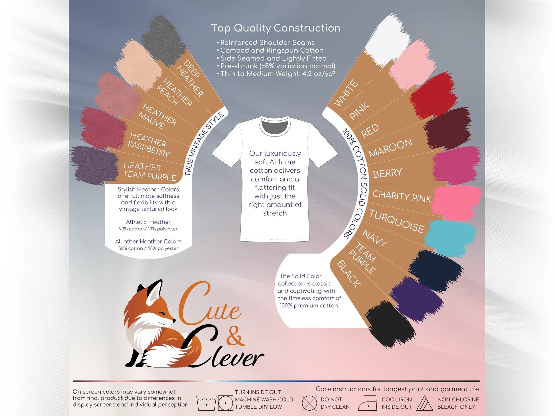 Cute & Clever T-Shirt fabric, construction, color and laundry care guide showing swatches for 15 feminine color offerings