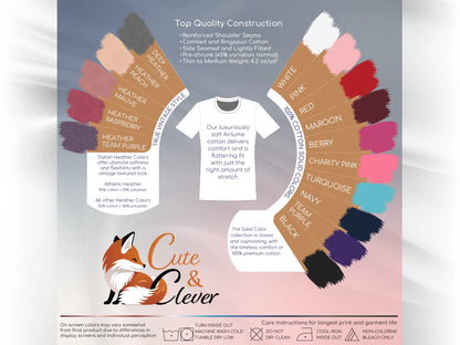 Cute & Clever T-Shirt fabric, construction, color and laundry care guide showing swatches for 15 feminine color offerings