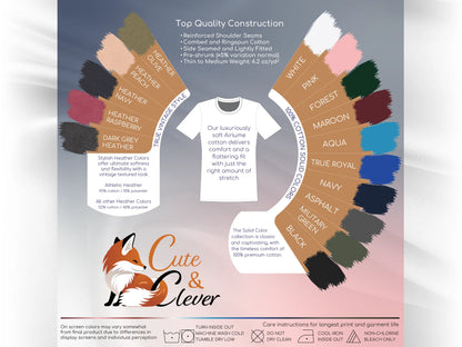 Cute & Clever T-Shirt fabric, construction, color and laundry care guide showing swatches for 15 unisex color offerings