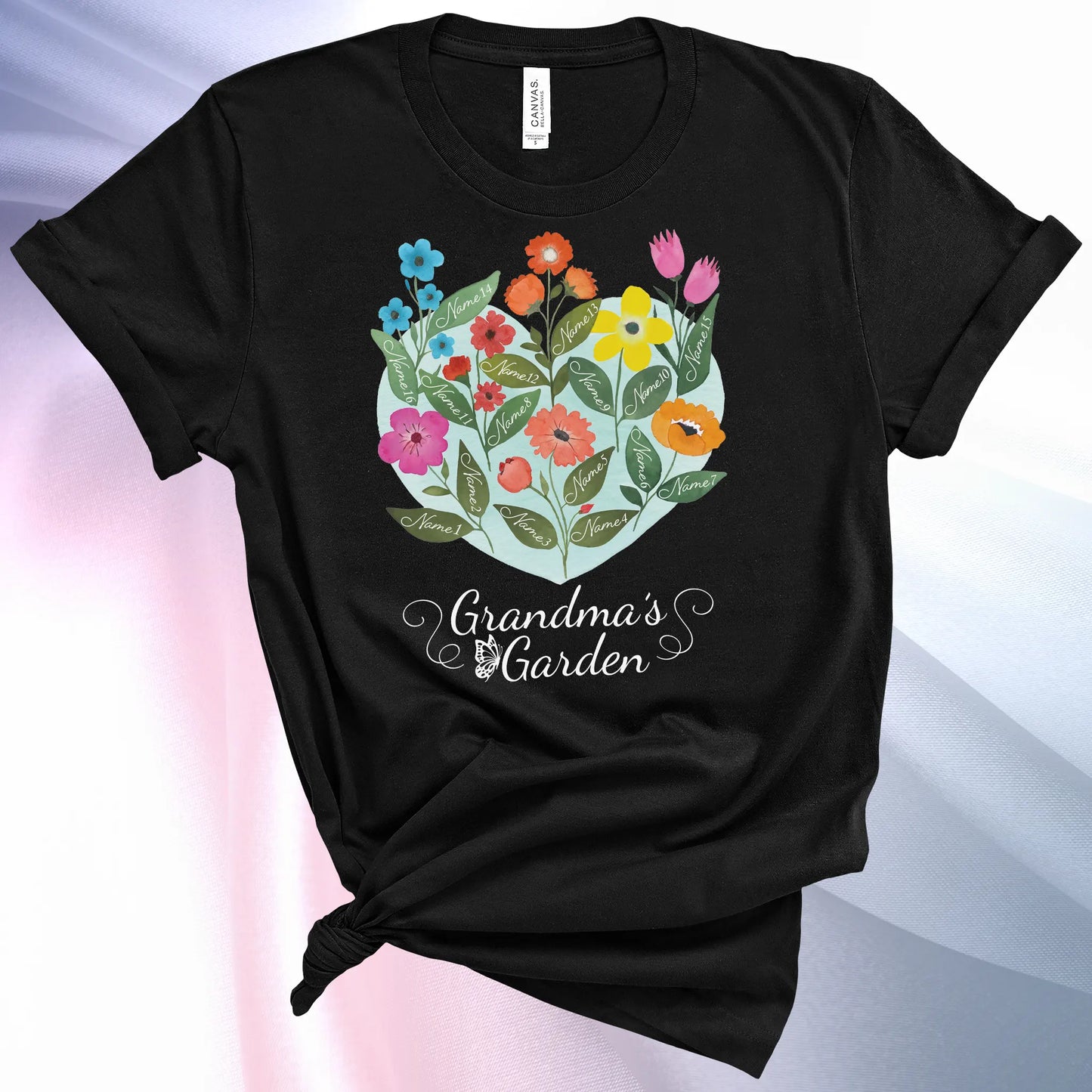 Black colored Grandmas Garden T-Shirt for women, showcase up to 16 names on the leaves of beautiful flowers