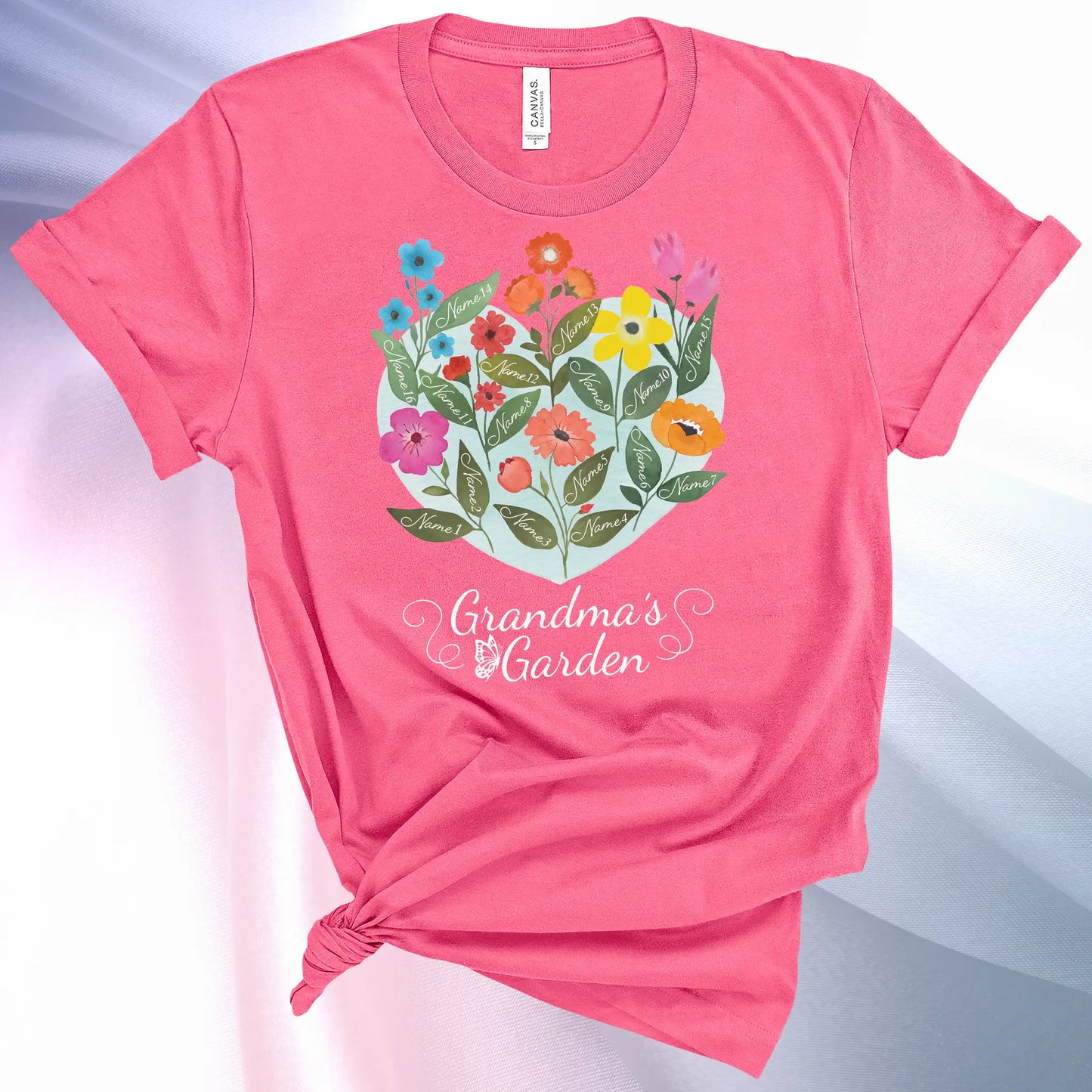 Charity Pink colored Grandmas Garden T-Shirt for women, showcase up to 16 names on the leaves of beautiful flowers