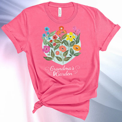 Charity Pink colored Grandmas Garden T-Shirt for women, showcase up to 16 names on the leaves of beautiful flowers