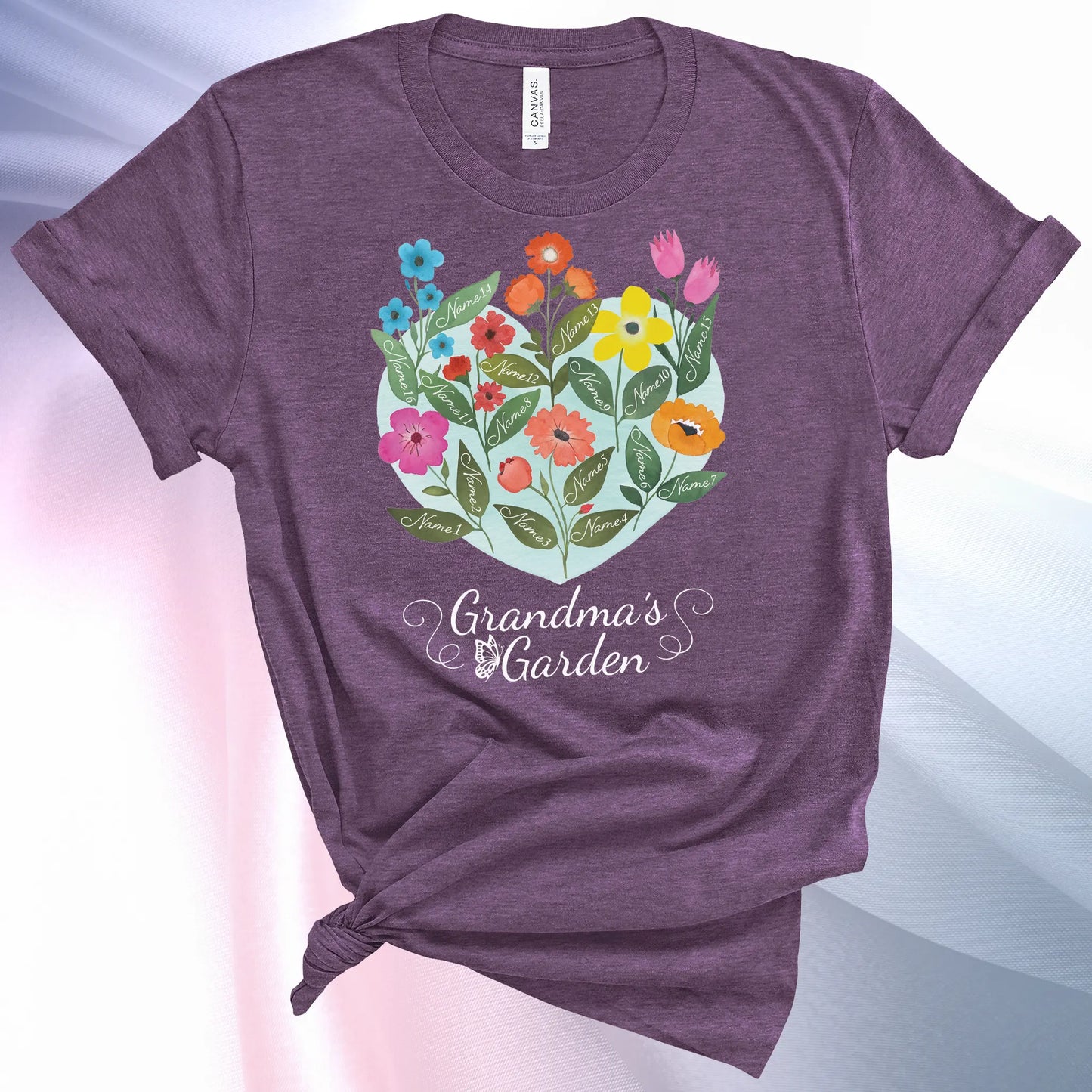 Heather Team Purple colored Grandmas Garden T-Shirt for women, showcase up to 16 names on the leaves of beautiful flowers