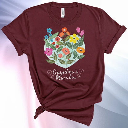 Heather Team Purple colored Grandmas Garden T-Shirt for women, showcase up to 16 names on the leaves of beautiful flowers