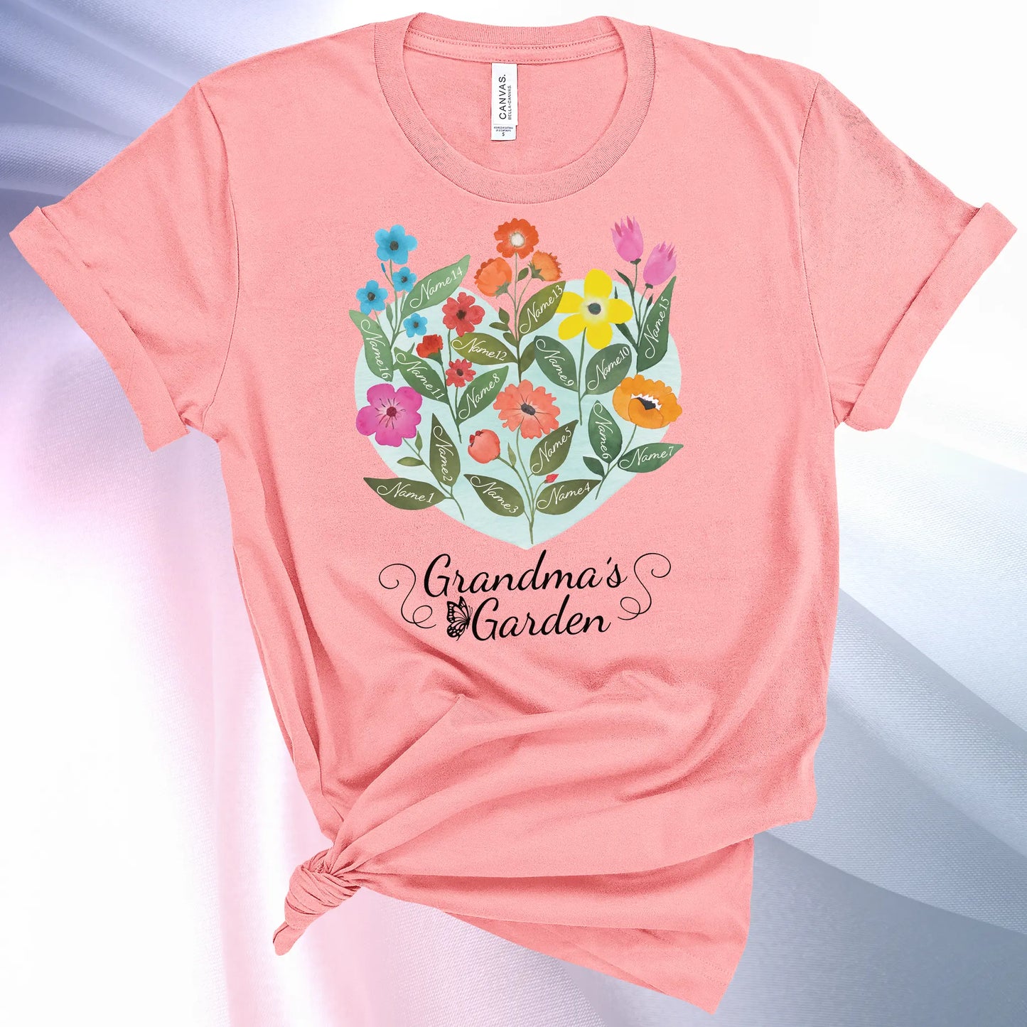 Pink colored Grandmas Garden T-Shirt for women, showcase up to 16 names on the leaves of beautiful flowers