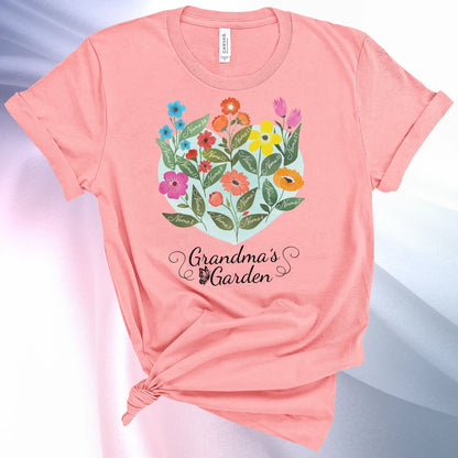 Pink colored Grandmas Garden T-Shirt for women, showcase up to 16 names on the leaves of beautiful flowers