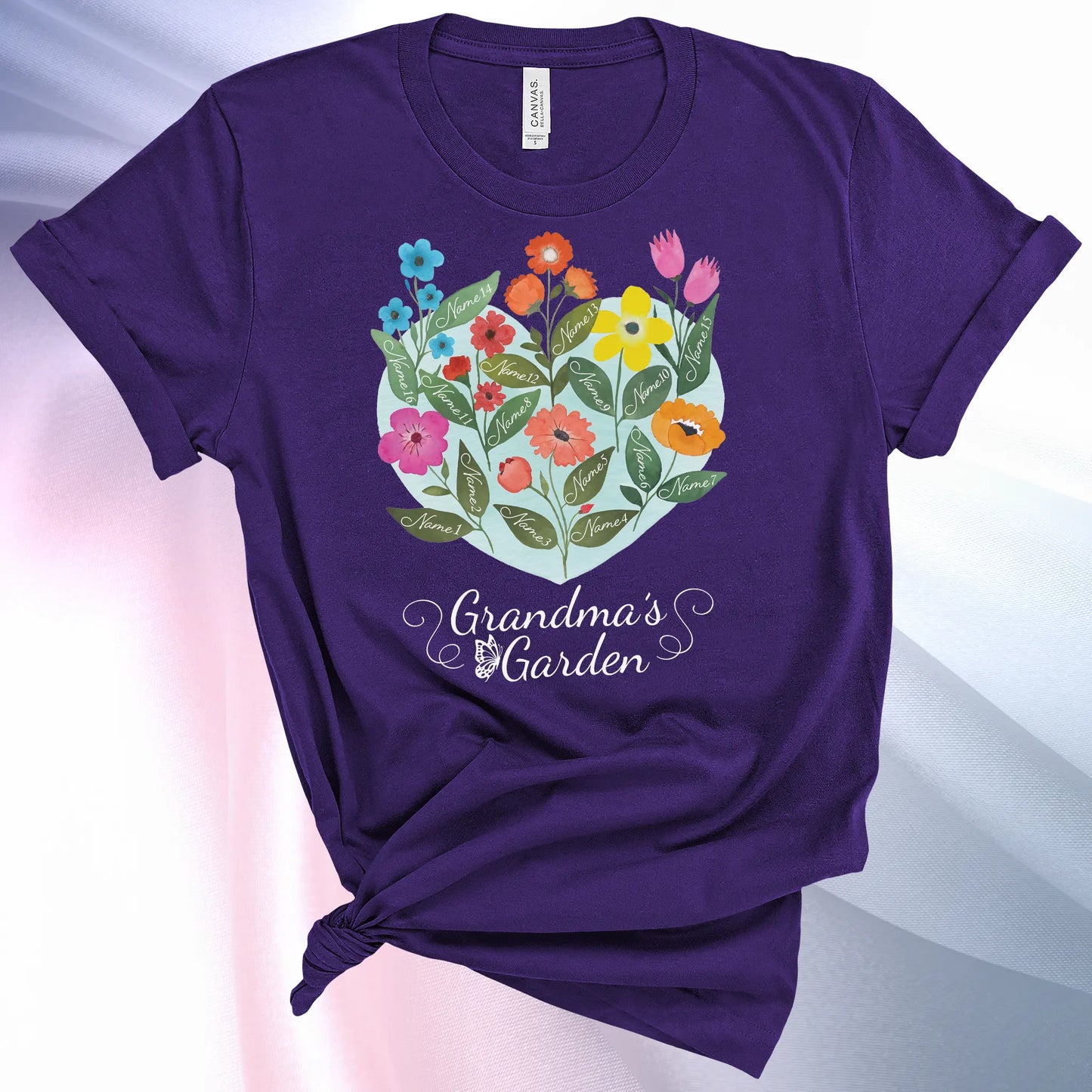 Team Purple colored Grandmas Garden T-Shirt for women, showcase up to 16 names on the leaves of beautiful flowers