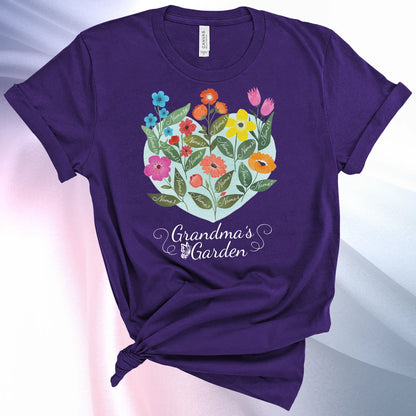 Team Purple colored Grandmas Garden T-Shirt for women, showcase up to 16 names on the leaves of beautiful flowers