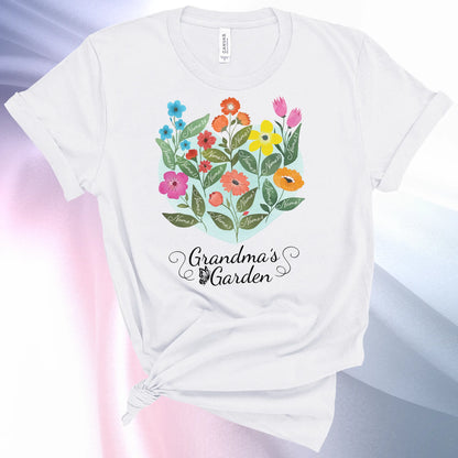White colored Grandmas Garden T-Shirt for women, showcase up to 16 names on the leaves of beautiful flowers