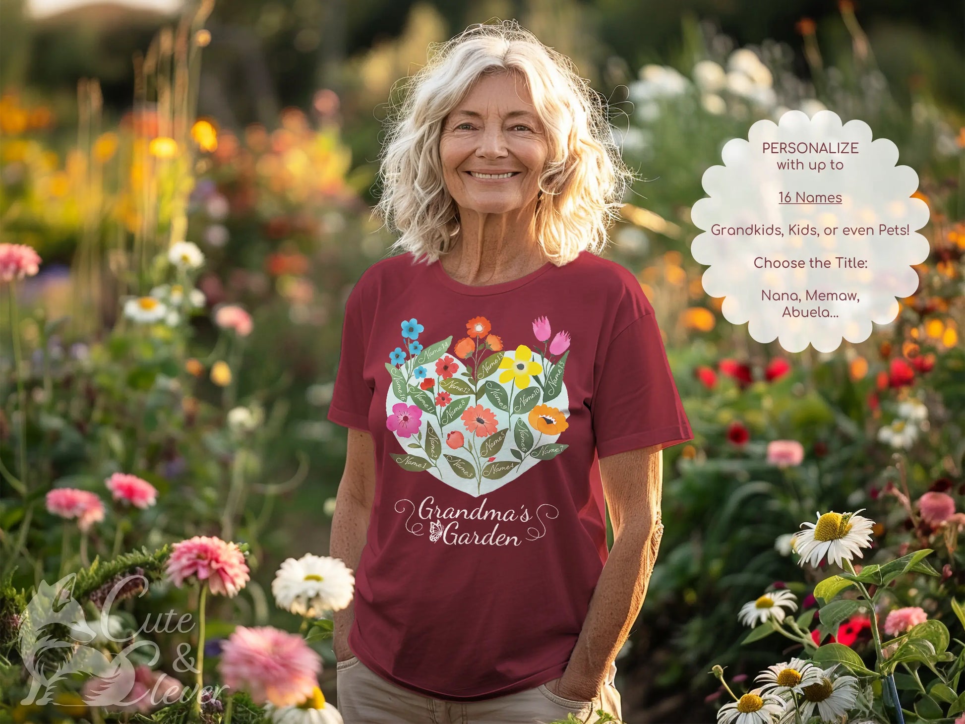 Woman wears Maroon colored Grandma's Garden T-Shirt in beautiful outdoor setting surrounded by flowers