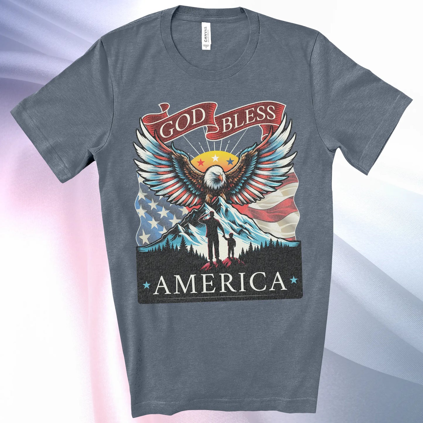 Steel Blue Patriotic T-Shirt for Men with eagle, wings, mountain, flag background, father son silhouette, "God Bless America"