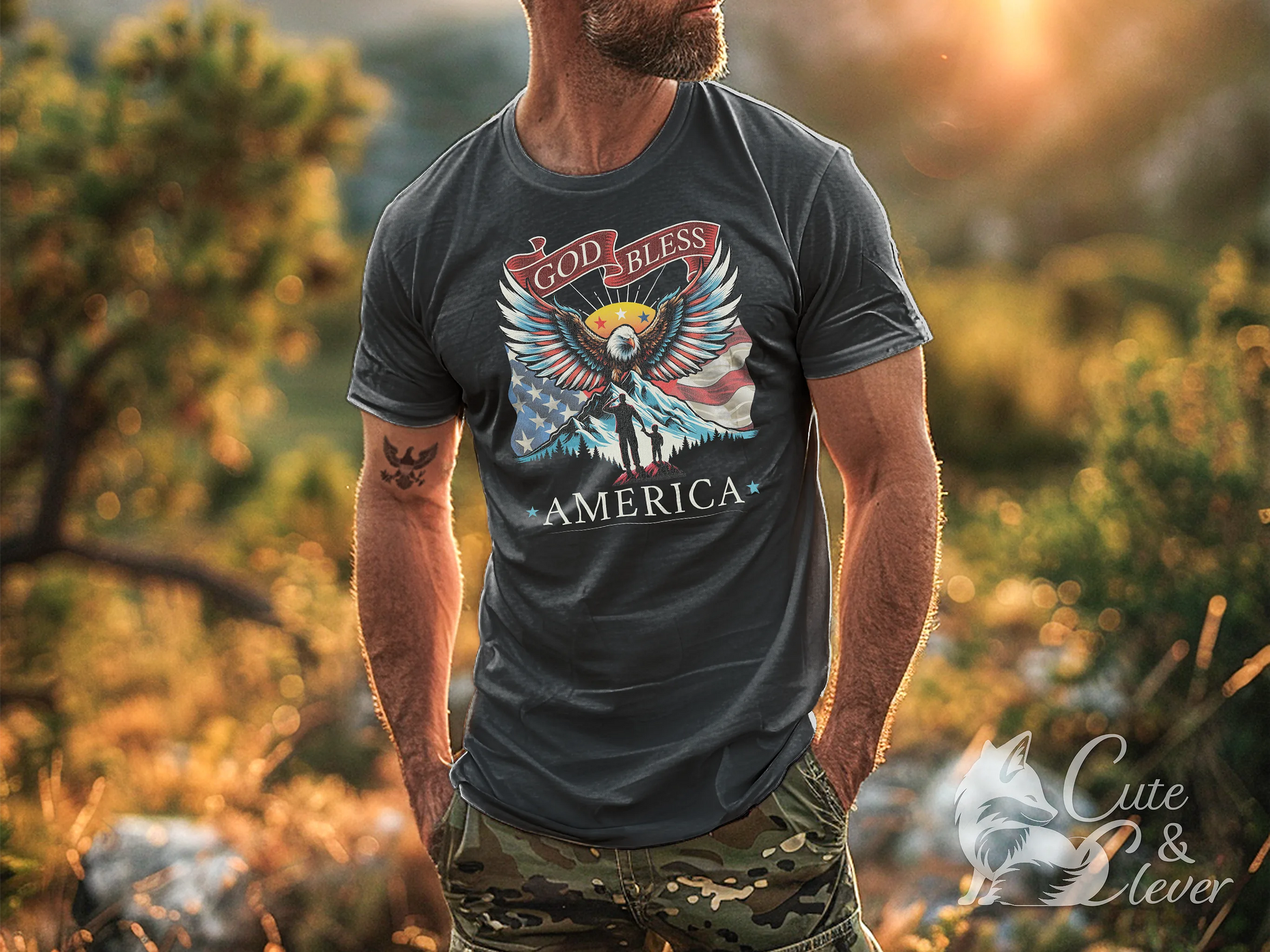 Man wears dark grey heather colored Patriotic T-Shirt for Men in rustic outdoor setting.