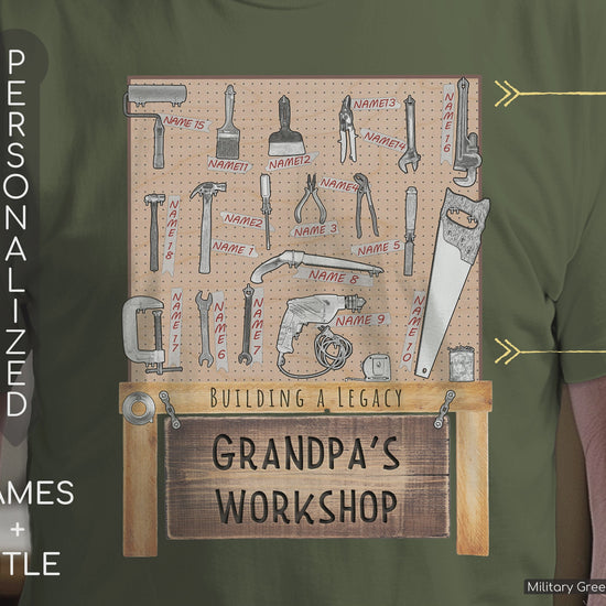 A grandpa shows off his Military Green colored Grandpa's Workshop T-Shirt