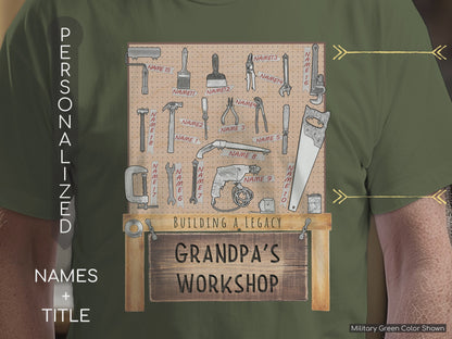 A grandpa shows off his Military Green colored Grandpa's Workshop T-Shirt