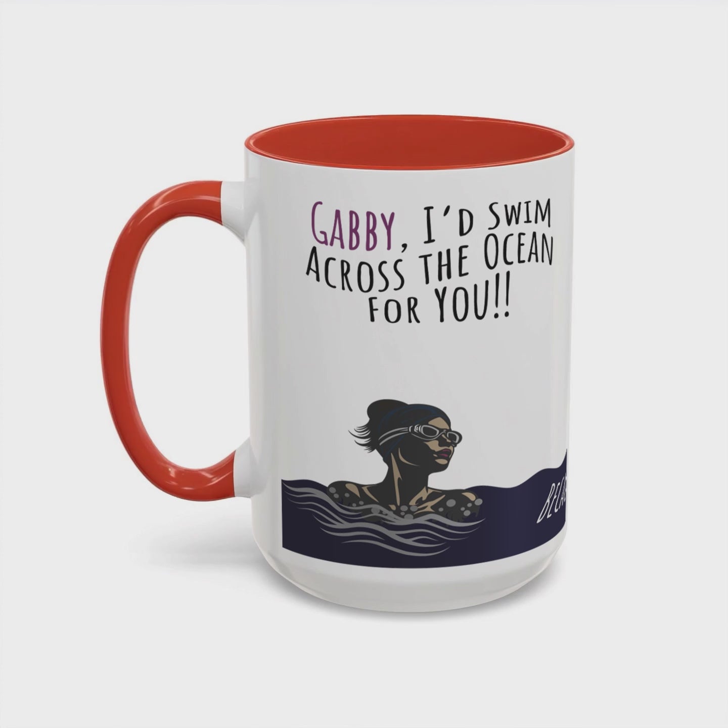 Rotating view of the full Swim the Ocean design on a 15Oz Premium Accent Mug