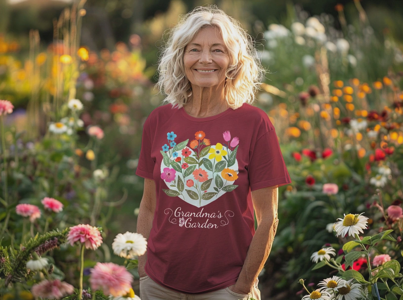 Woman wears Maroon colored Grandma's Garden T-Shirt while walking in beautiful outdoor setting surrounded by flowers